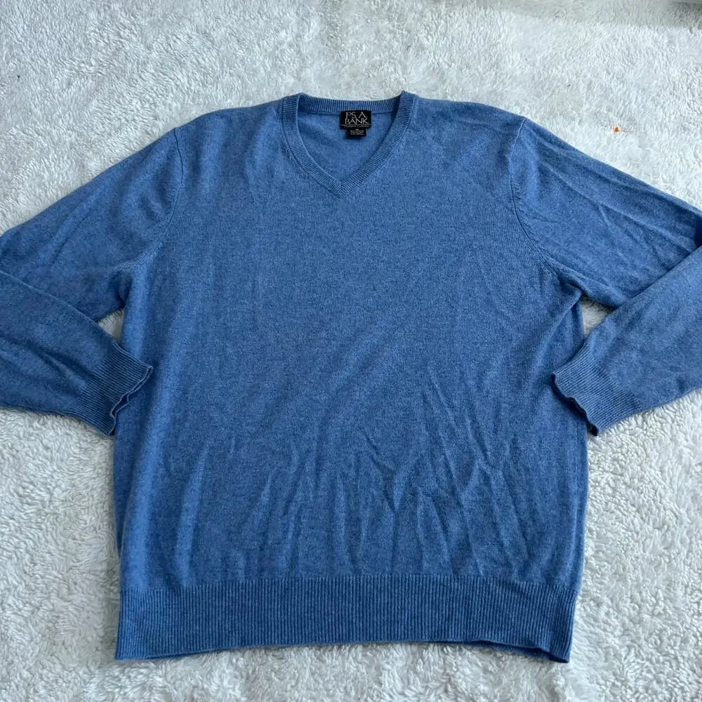 JOS A BANK Blue Cashmere Knit V-Neck Pullover L Preppy Office WorkWear Old Money